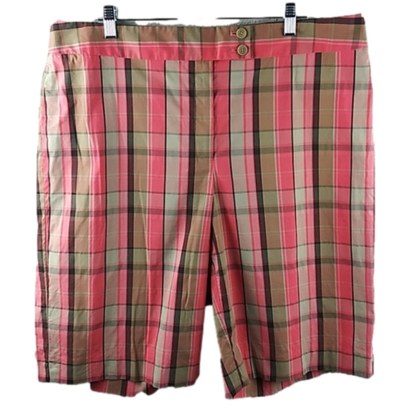 Jones New York Signature Stretch Tan Pink Plaid High Rise Zip Up Bermuda Short - Picture 1 of 11